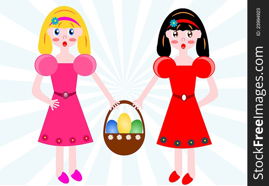 Two girls with basket of easter eggs isolated on sunburst. Two girls with basket of easter eggs isolated on sunburst.