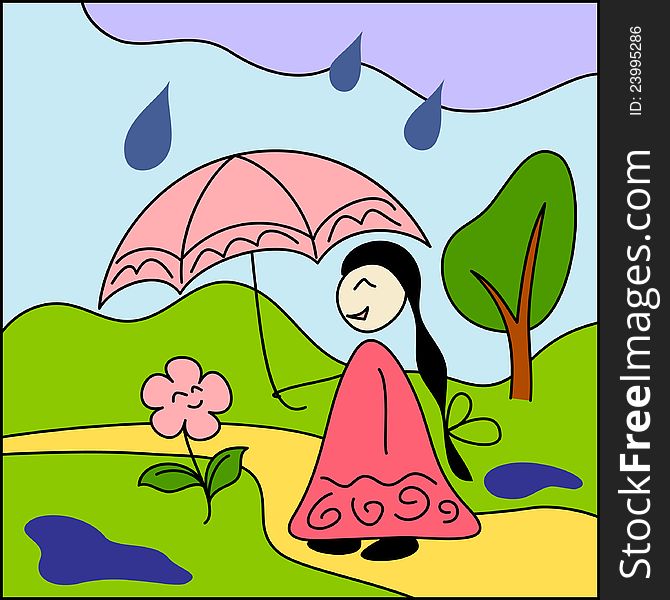 Girl and flower under umbrella. Vector