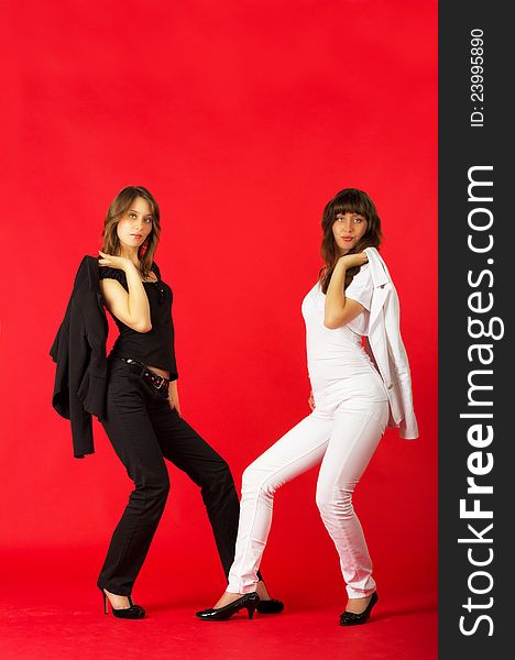 Pretty sisters twins in white and black costumes posing in studio