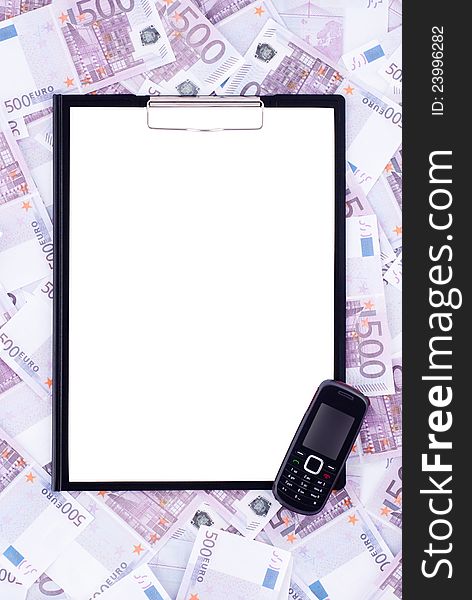 Clipboard and black phone with no trademarks surrounded by EURO. Clipboard and black phone with no trademarks surrounded by EURO