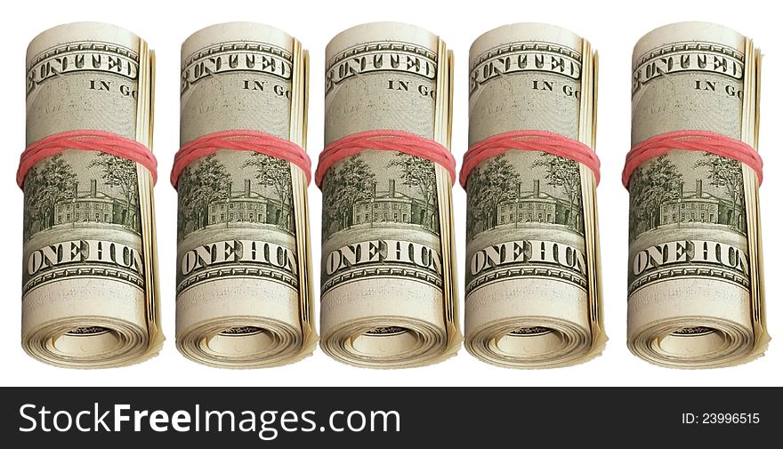 Thousand-five rolls of bills, tapered red rubber bands on a white background, isolated