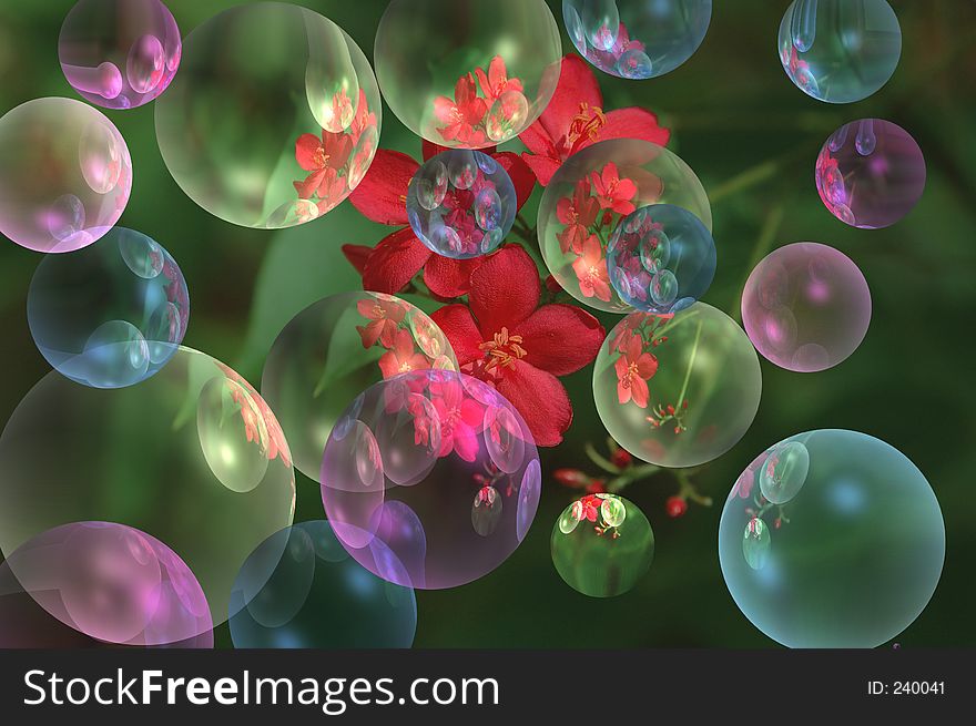 Multicolored bubbles on a little red flower background. Multicolored bubbles on a little red flower background