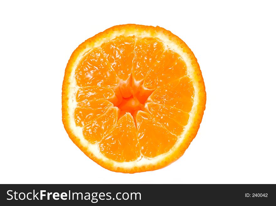 Closeup isolated shot of half a wet orange. Shot against a white background. Closeup isolated shot of half a wet orange. Shot against a white background.