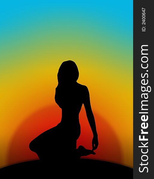 The abstract image, a silhouette of the woman sitting on the ground. The beautiful, bright, sated background. The abstract image, a silhouette of the woman sitting on the ground. The beautiful, bright, sated background.