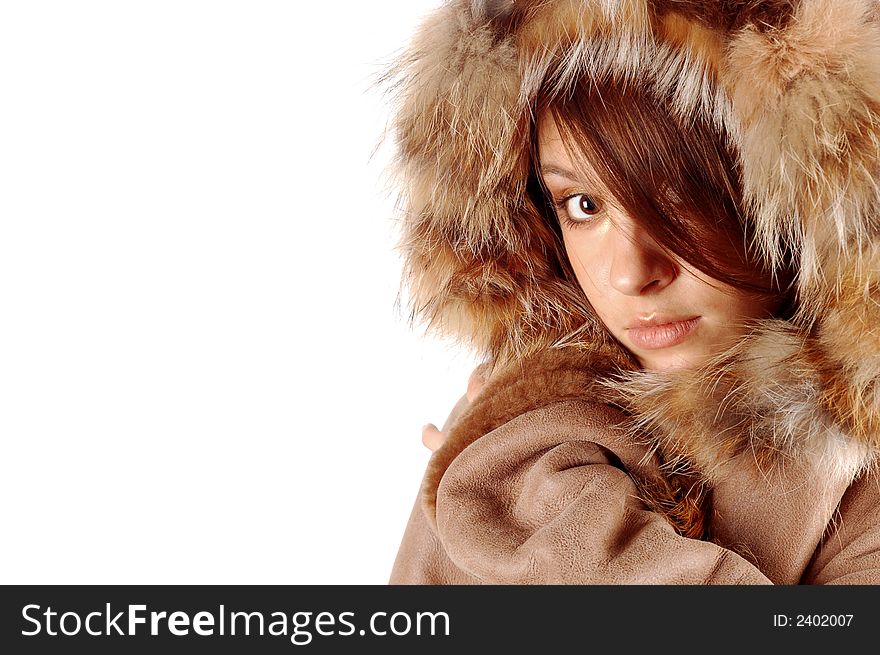 Attractive girl in fur on white background. Attractive girl in fur on white background