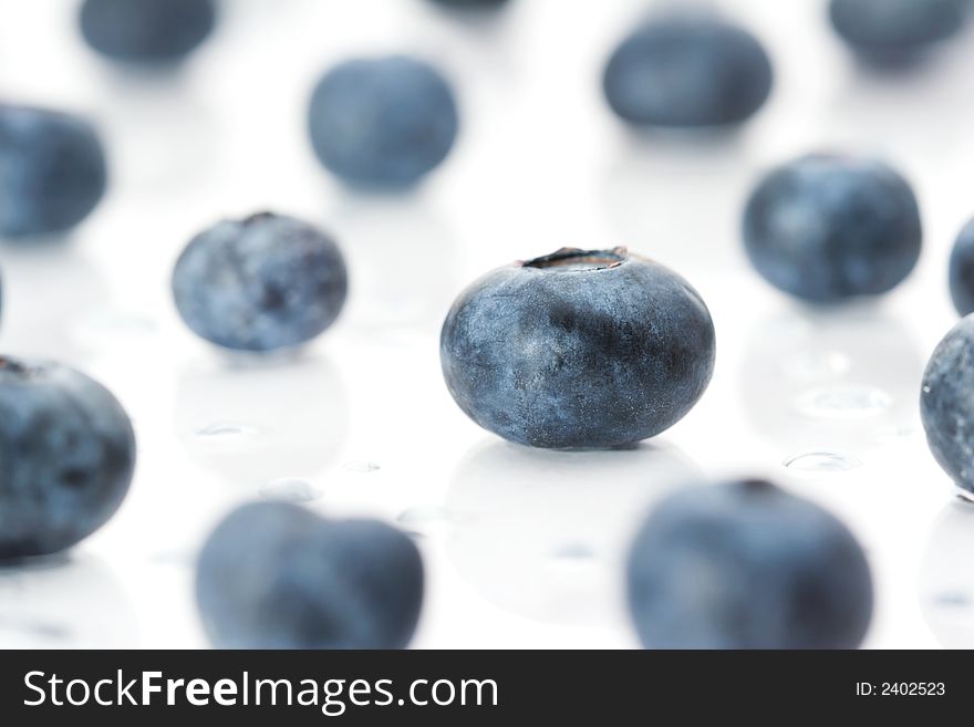 Blueberries on a white background with water drops. Blueberries on a white background with water drops.
