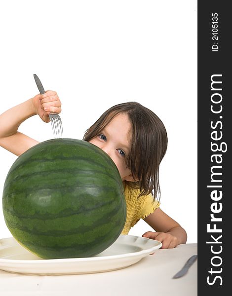 Expressive little girl ready to eat an entire watermelon, isolated over white. Expressive little girl ready to eat an entire watermelon, isolated over white