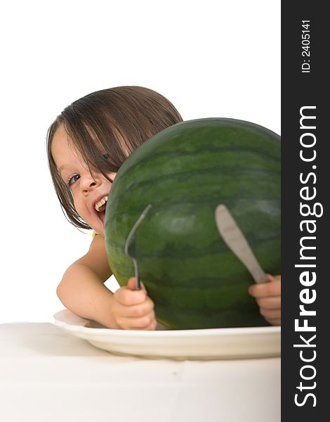 Expressive little girl ready to eat an entire watermelon, isolated over white. Expressive little girl ready to eat an entire watermelon, isolated over white