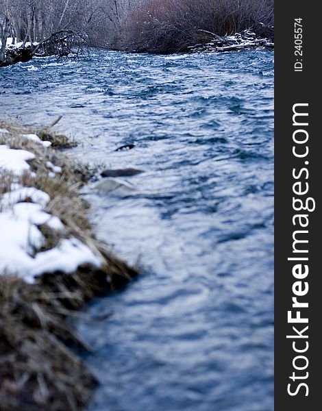 Water running through the creek in the winter with trees in the background. Water running through the creek in the winter with trees in the background