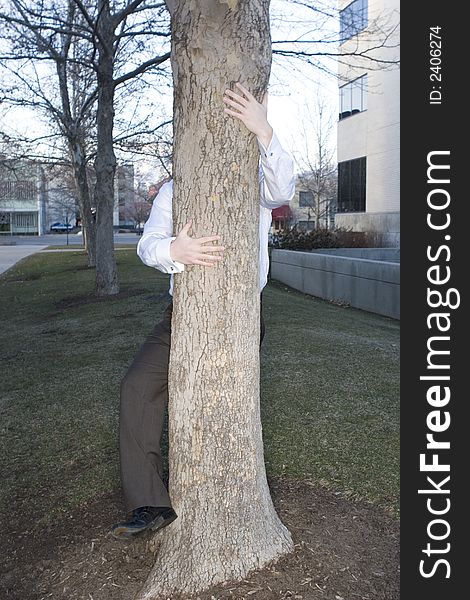 Businessman Hugging Tree