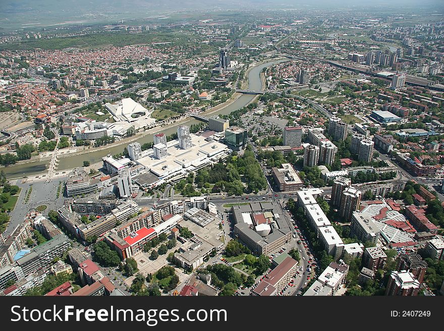 Areal view of Skopje down town from a helicopter. Areal view of Skopje down town from a helicopter