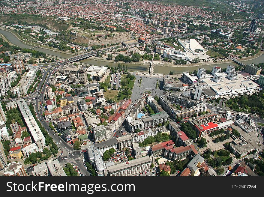 Areal view of Skopje down town from a helicopter. Areal view of Skopje down town from a helicopter