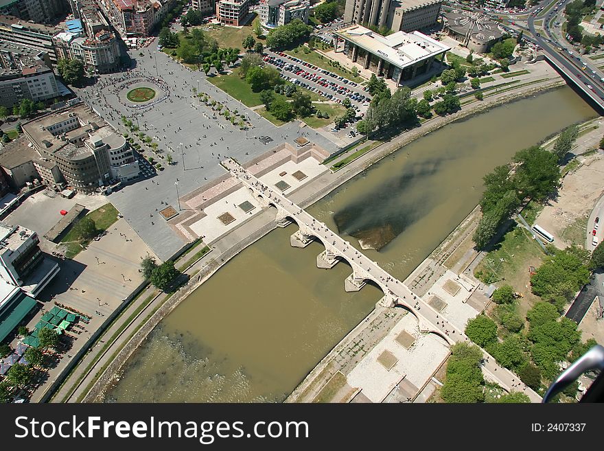 Areal view of Skopje down town from a helicopter. Areal view of Skopje down town from a helicopter