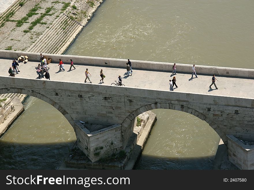Areal view of stone bridge on Vardar river Skopje - Macedonia