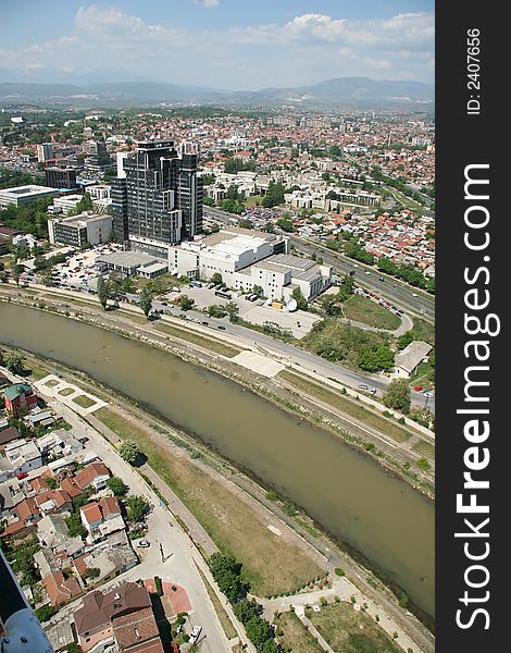 Areal view of Skopje down town from a helicopter. Areal view of Skopje down town from a helicopter