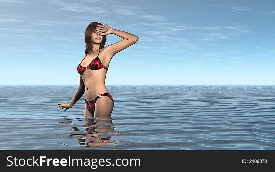 A anime woman in water looking up. A anime woman in water looking up