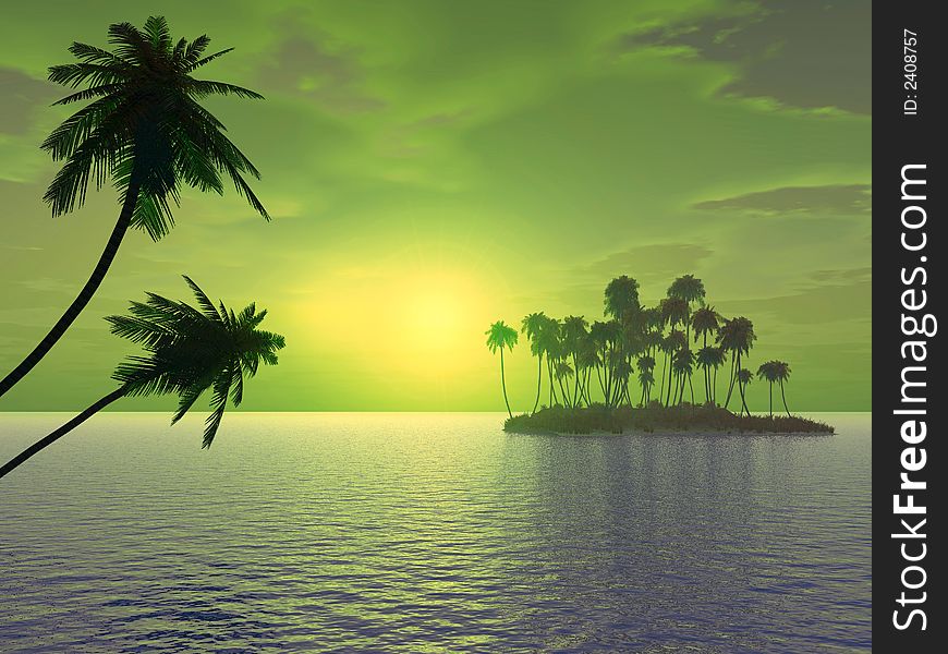 Sunset coconut palm trees on small island - 3d illustration.