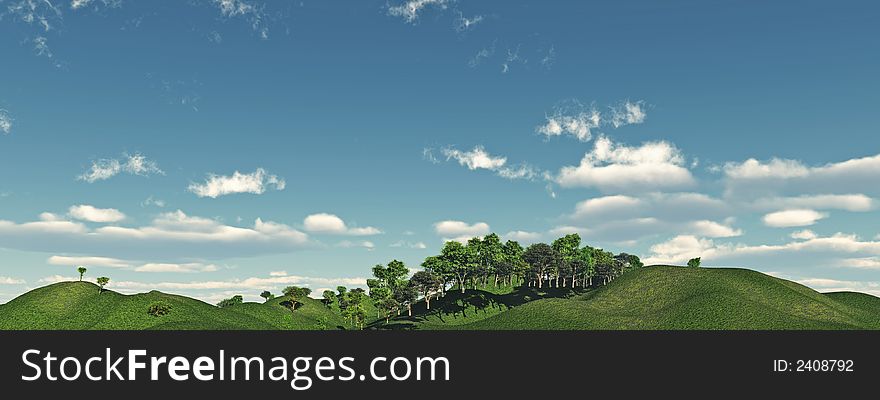 Green hills and beautiful sky  with clouds - 3d scene