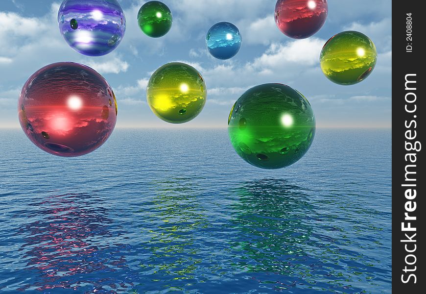 Multicolor rising balls from sea surface - 3d illustration.