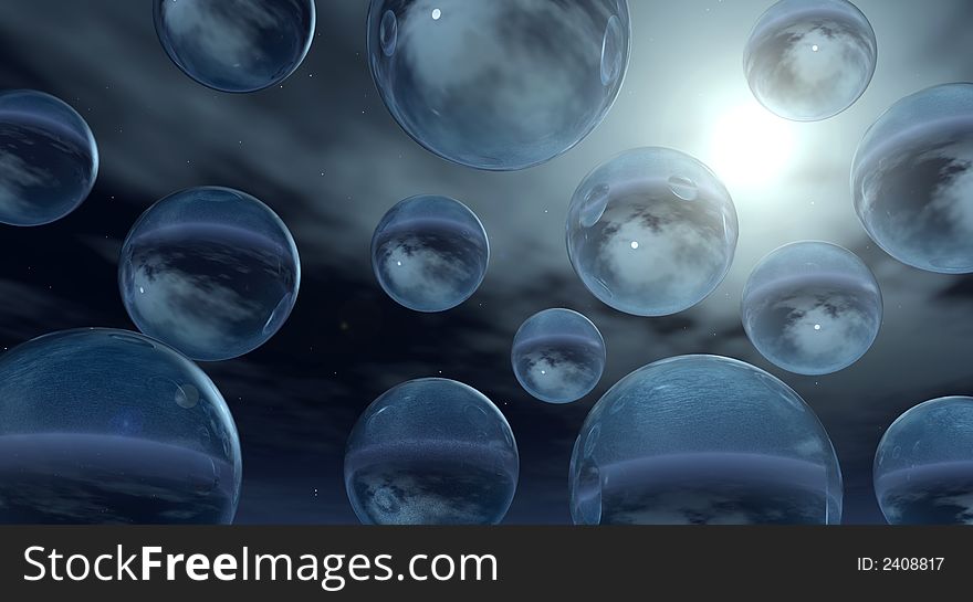 Rising water balls  on sky background - digital artwork.