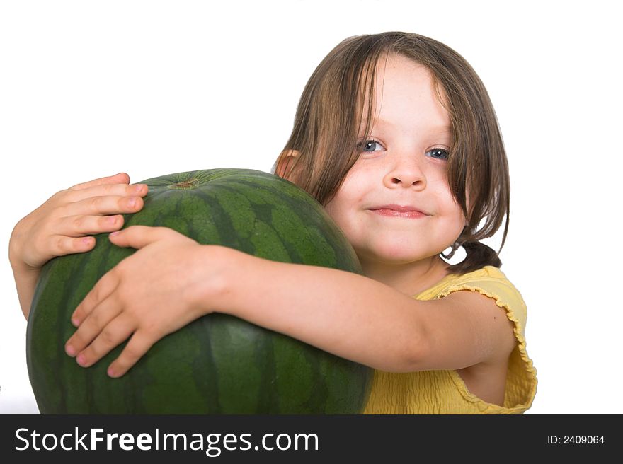 Little girl with huge watermelon, isolated over white. Little girl with huge watermelon, isolated over white