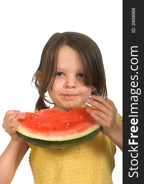 Little girl with delicious piece of watermelon, isolated over white. Little girl with delicious piece of watermelon, isolated over white