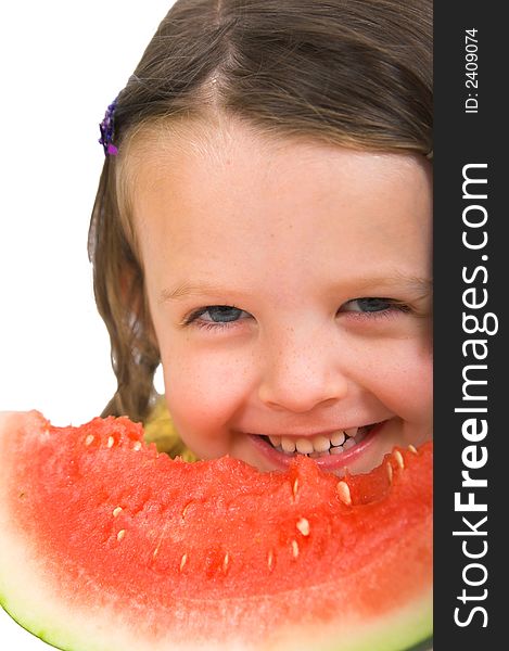 Little girl with delicious piece of watermelon, isolated over white. Little girl with delicious piece of watermelon, isolated over white