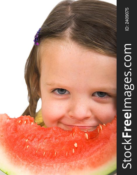 Little girl with delicious piece of watermelon, isolated over white. Little girl with delicious piece of watermelon, isolated over white