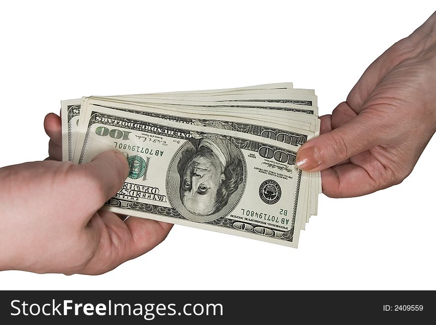 Hands and dollars isolated on white background. Hands and dollars isolated on white background