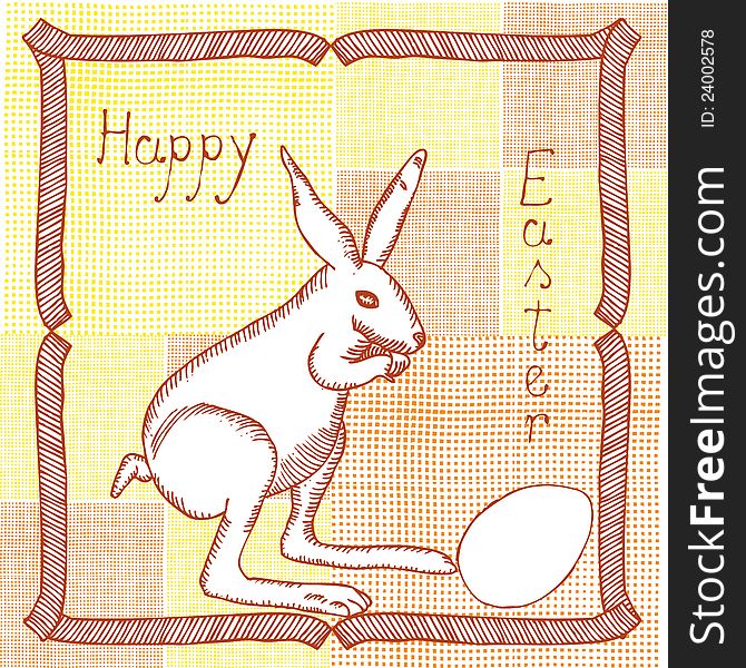 original drawing of easter bunny with egg on orange- yellow pattern background. card