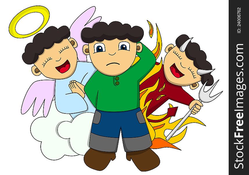 Cute cartoon illustration of a confused man whether he is going to obey his angel or his demon. Cute cartoon illustration of a confused man whether he is going to obey his angel or his demon