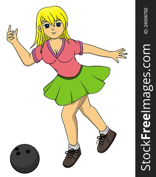 A cute cartoon girl throws a bowling ball