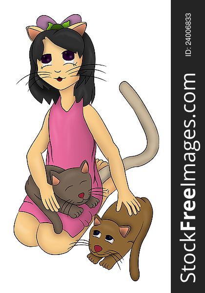 A girl with a cat face and tail accompanied by her pet cats. A girl with a cat face and tail accompanied by her pet cats