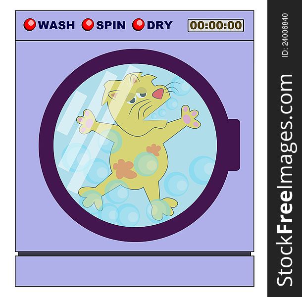 A cartoon cat spinning inside a washing machine. A cartoon cat spinning inside a washing machine