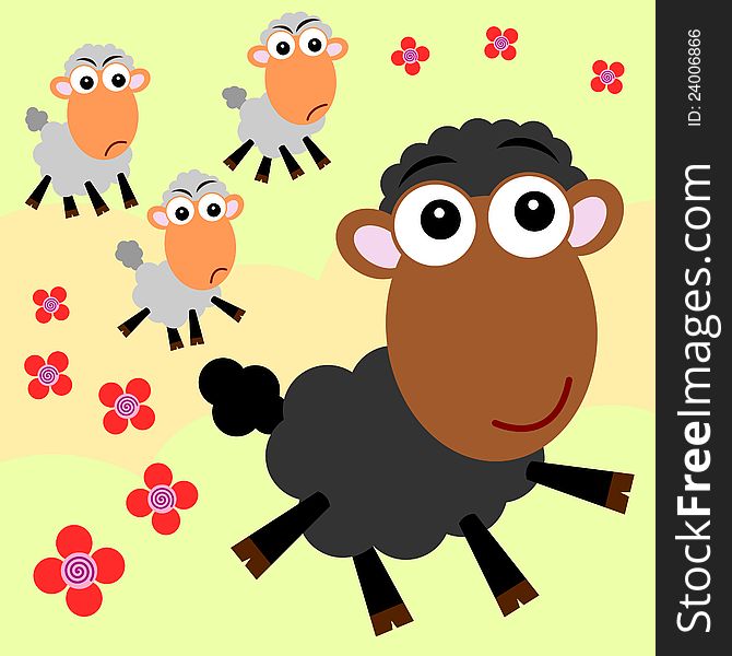 Group of cute cartoon sheep but one is colored black. Group of cute cartoon sheep but one is colored black