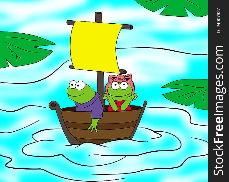 Two cute cartoon frogs sailing on a little boat. Two cute cartoon frogs sailing on a little boat