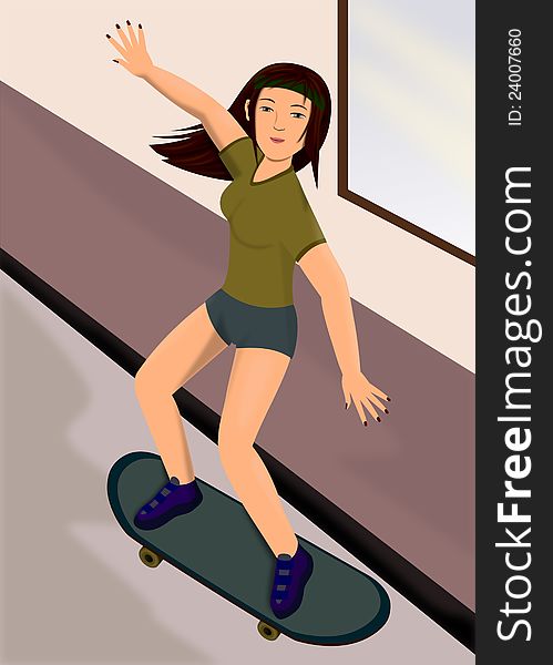 A young pretty girl enjoying a ride on a skateboard. A young pretty girl enjoying a ride on a skateboard