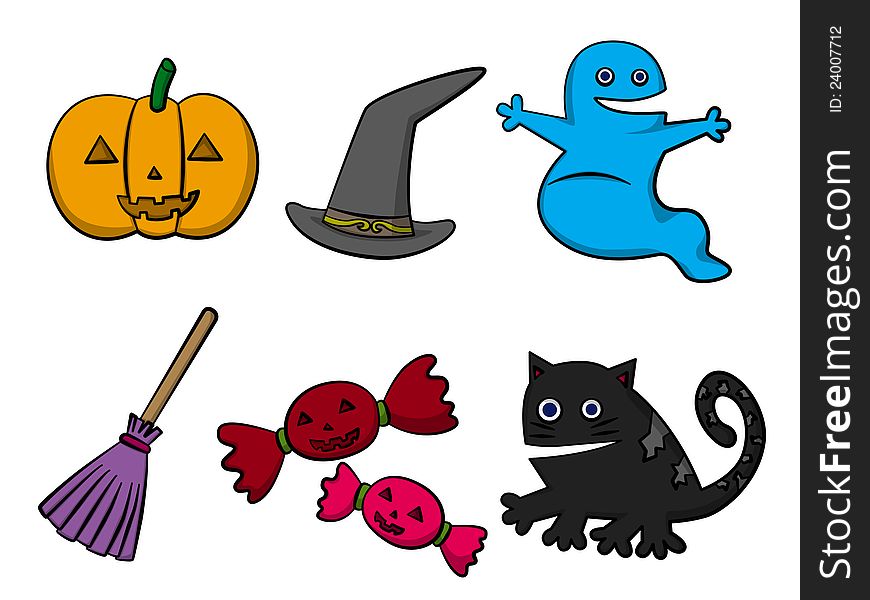 A set of cute cartoon Halloween objects and characters. A set of cute cartoon Halloween objects and characters