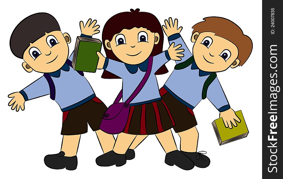 Three cute cartoon students posing happily in school uniform and with their books. Three cute cartoon students posing happily in school uniform and with their books