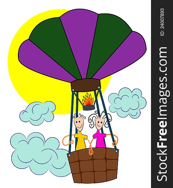 Cute cartoon couple enjoys flying and riding inside their hot air balloon