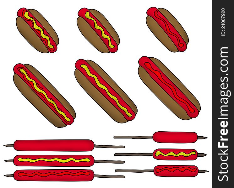 Illustration of a set of hotdogs and the different preparations made to it. Illustration of a set of hotdogs and the different preparations made to it