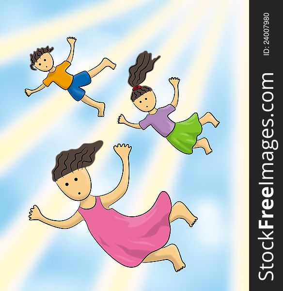 Three cartoon kids falling from the sky. Three cartoon kids falling from the sky