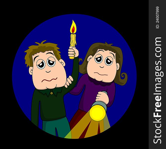 Two cartoon kids holding a candle and flashlight in the dark. Two cartoon kids holding a candle and flashlight in the dark