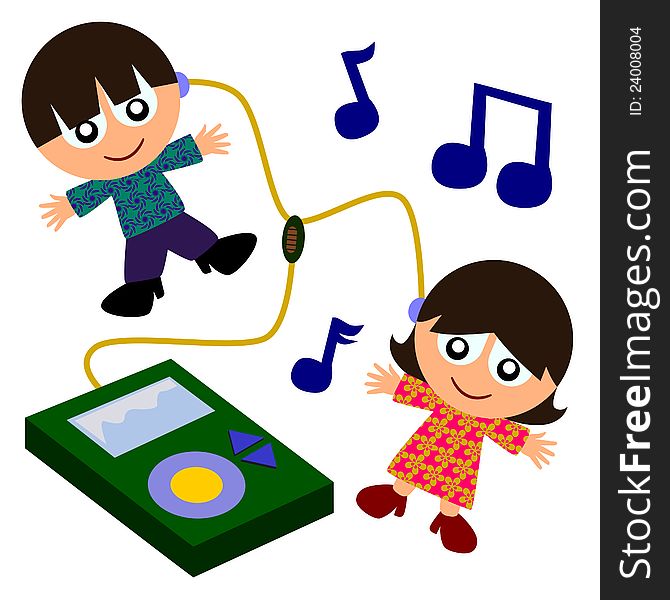 Two cute cartoon kids enjoying music from a giant mp3 player. Two cute cartoon kids enjoying music from a giant mp3 player