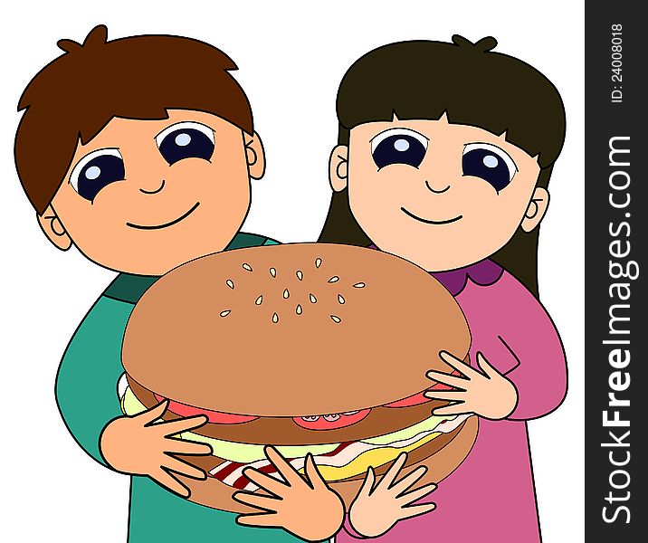 Two cute cartoon kids smiling while holding a giant burger. Two cute cartoon kids smiling while holding a giant burger