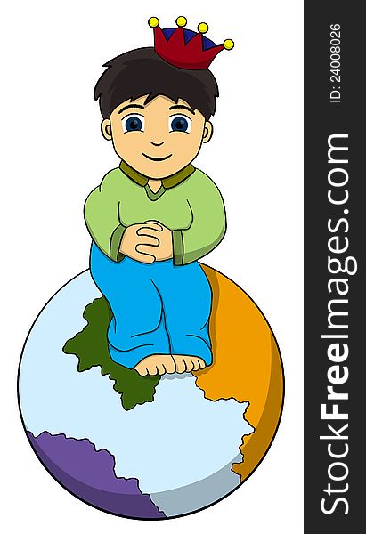 Cute cartoon boy sitting on top of the world. Cute cartoon boy sitting on top of the world