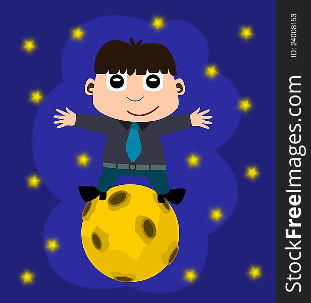 A cute cartoon male character standing on the moon. A cute cartoon male character standing on the moon