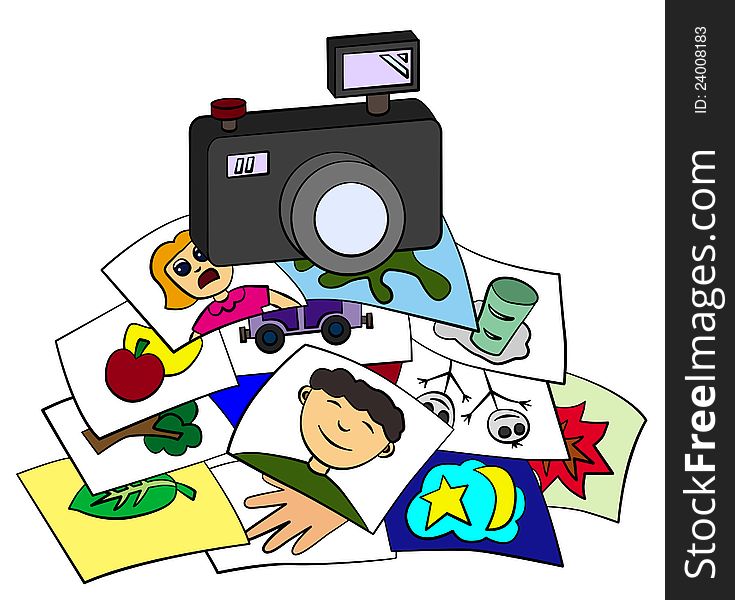 Cartoon illustration of piled up pictures with a camera on top of it. Cartoon illustration of piled up pictures with a camera on top of it