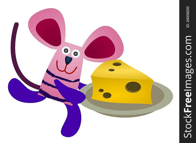 A cute cartoon mouse running away while holding a plate of cheese. A cute cartoon mouse running away while holding a plate of cheese