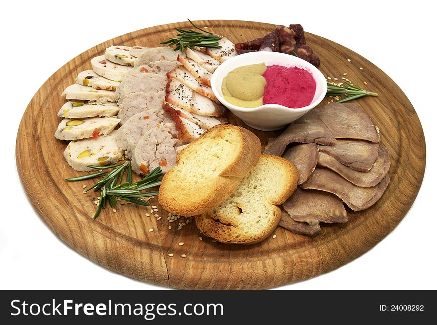 A plate with meat sauce and sausage on a white background